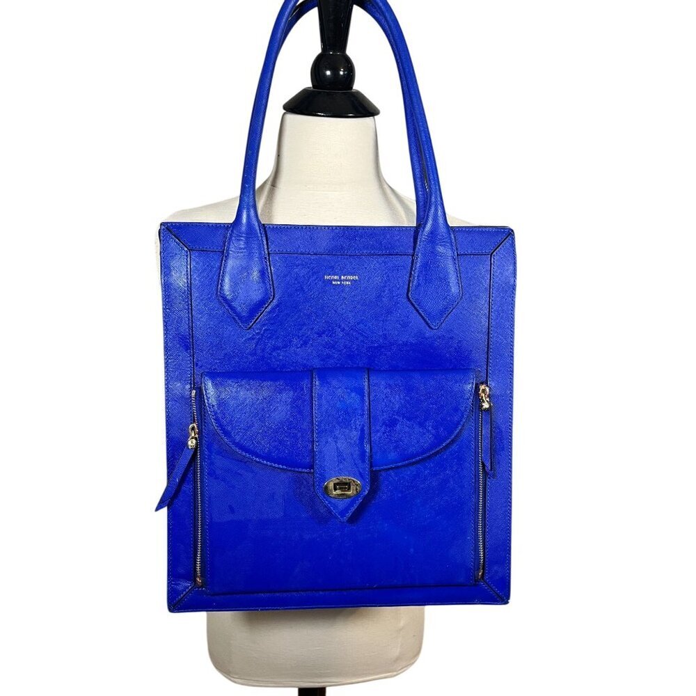 Henri Bendel Saffiano Leather Rivington Royal Blue Tote Pebbled Luxury Preppy